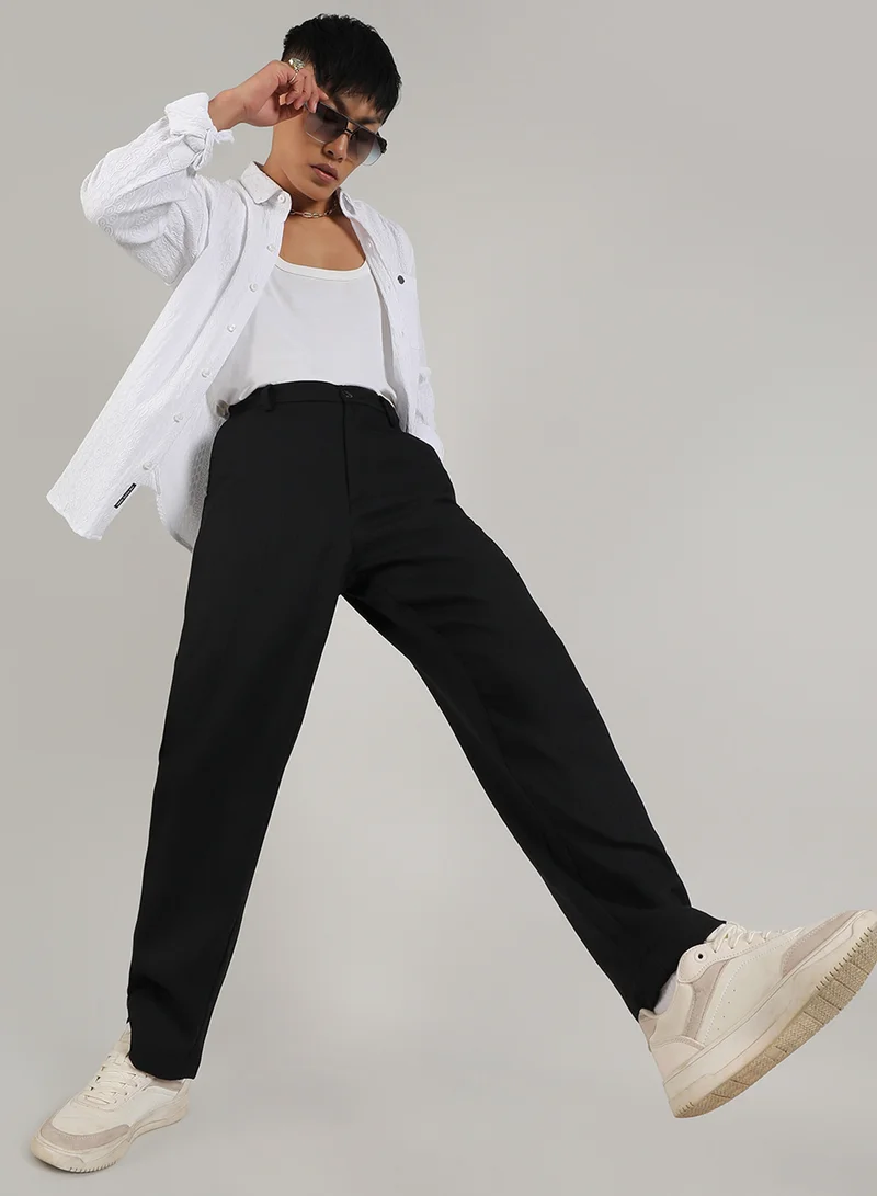 CAHOOT  Men's Onyx Black Tailored Heathered Trousers For Casual Wear | Tailored-Fit | Mid-Rise | Button Closure | Trousers Crafted With Comfort Fit For Everyday Wear for Men | Best Price UAE